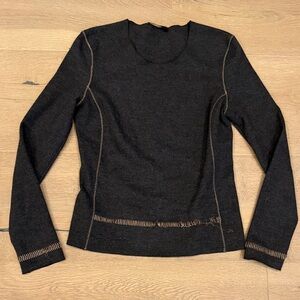 Prada Charcoal Virgin Wool Long Sleeve Top with Tan Stitching